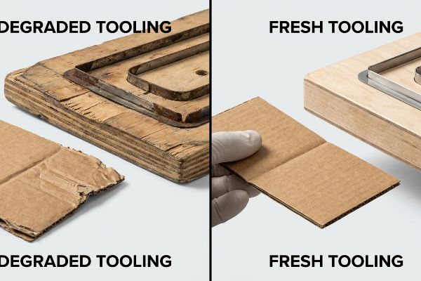 Die Board Cut Quality Degraded Tooling with warped wooden die-board and rusty blades showing torn cardboard, contrasted with Fresh Tooling and perfectly cut corrugated cardboard.