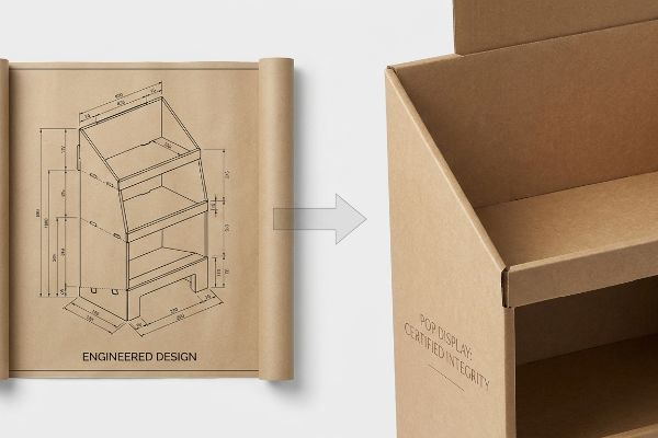 Demonstrating the transformation from an Engineered Design blueprint to a Pop Display: Certified Integrity cardboard retail stand.