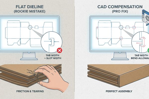 Dieline Bend Allowance Compensation A split image comparing packaging dieline design: Flat Dieline (Rookie Mistake) with 'Tab Width = Slot Width' causing Friction & Tearing in corrugated cardboard, against CAD Compensation (Pro Fix) with 'Tab Width + Bend Allowance' for Perfect Assembly.