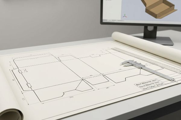 Detailed dieline blueprint with caliper, ruler, and 3D box rendering, showing Bend Allowance: 3mm and Board Caliper: B-Flute.
