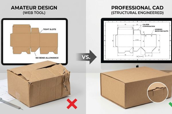 Tight Slots Caliper Compensation Crumpled cardboard box from Amateur Design with Tight Slots, versus perfect packaging from Professional CAD with Caliper Compensation.