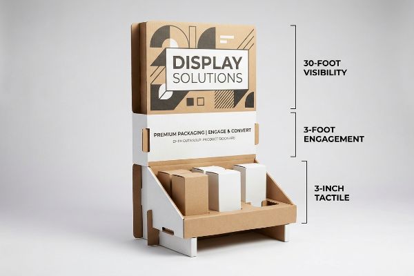 Display Solutions 3 3 3 Strategy Corrugated retail merchandiser for "Display Solutions," featuring product samples and the 3-3-3 Spatial Engagement Strategy.