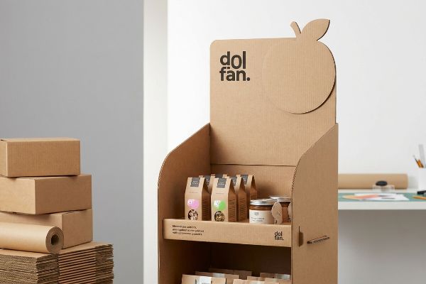 Dolfan Apple Display Header Corrugated cardboard retail display for dolfan. products, featuring a die-cut apple header and kraft paper packaging.