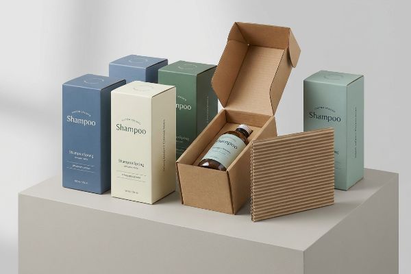 E Flute Shampoo Bottle Box Open E-flute corrugated box holding a shampoo bottle, with blue, cream, and green Solid Bleached Sulfate shampoo cartons.