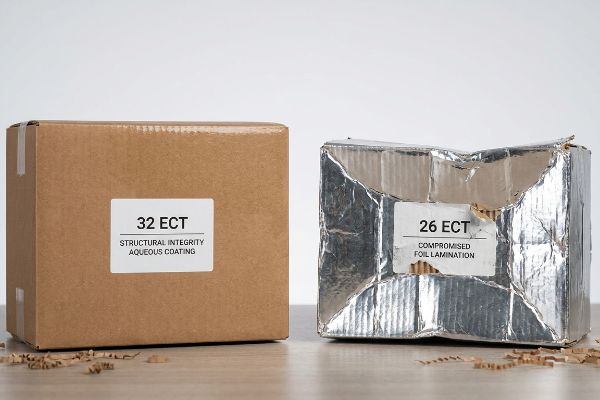 32 Ect Aqueous 26 Ect Foil Corrugated 32 ECT box with Structural Integrity Aqueous Coating beside a crushed 26 ECT box with Compromised Foil Lamination.