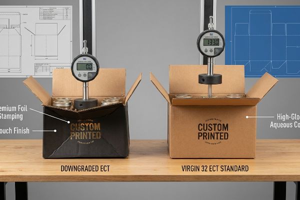 Downgraded Ect Virgin 32 Compression ECT compression test: Downgraded box (0.0) with foil stamp vs. Virgin 32 ECT Standard box (133.0) with aqueous coating.