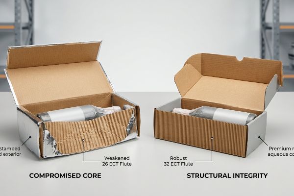 26 32 Ect Flute Comparison Corrugated gift boxes comparison: a 'Compromised Core' 26 ECT flute box with hot foil stamped exterior next to a 'Structural Integrity' 32 ECT flute box with premium aqueous coating, each holding a wrapped bottle.