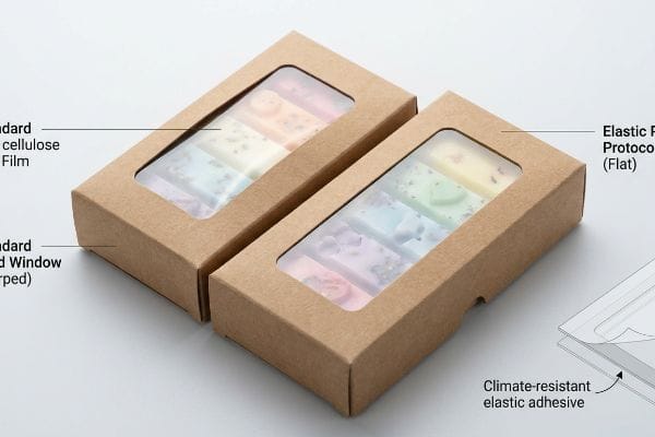 Elastic Patch Window Boxes Kraft paperboard boxes with die-cut windows display colorful wax melt bars, highlighting the Elastic Patch Protocol and climate-resistant elastic adhesive.