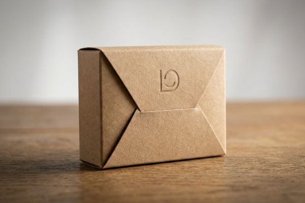 Embossed Ld Logo Box A natural kraft paper soap box, featuring an embossed 'LD' logo and angular flap closure, rests on a wooden surface.