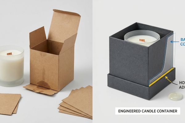 Oil-stained kraft paper box next to an Engineered Candle Container diagram with Barrier Coating and Hot Melt Adhesive.