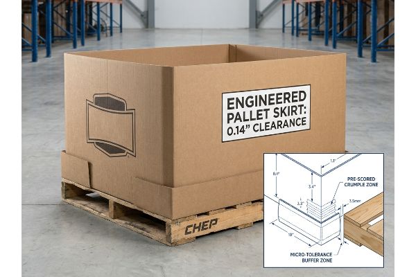 Brown corrugated box, an Engineered Pallet Skirt, sits on a CHEP pallet, featuring a 0.14-inch clearance. An inset diagram highlights the Pre-Scored Crumple Zone and Micro-Tolerance Buffer Zone.