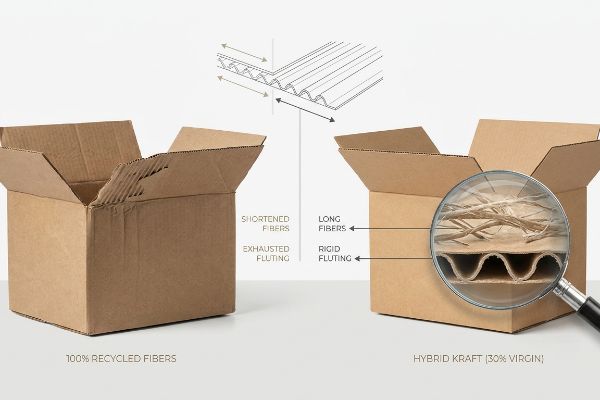 Fiber Exhaustion Rigid Fluting Corrugated boxes comparing 100% Recycled Fibers with Shortened Fibers and Exhausted Fluting to Hybrid Kraft 30% Virgin with Long Fibers and Rigid Fluting.