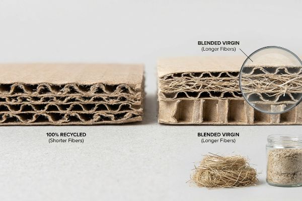 Fiber Length Comparison Cross-section comparison of 100% Recycled corrugated board with Shorter Fibers and Blended Virgin board with Longer Fibers, highlighting fiber length.