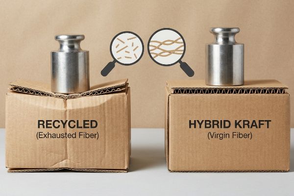 Recycled (Exhausted Fiber) box crushed under weight, contrasted with strong Hybrid Kraft (Virgin Fiber) box, highlighting fiber integrity.