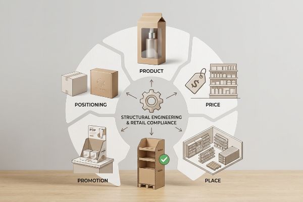 Packaging Five Ps Diagram Cardboard packaging diagram illustrates the Five Ps: Product, Price, Place, Promotion, and Positioning, with Structural Engineering & Retail Compliance at its core, featuring a retail floor display.