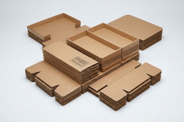 High Density Flat Pack Kit Components Stacks of High-Density Flat-Pack Kit corrugated cardboard components, some forming trays, on a white background.