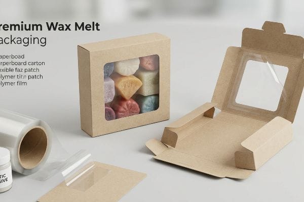 Flexible Window Patch Components Premium wax melt packaging shows a kraft paperboard carton with a clear flexible window patch, polymer film, and plastic adhesive.