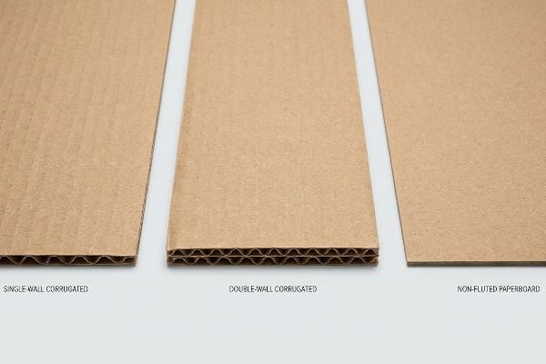Three types of cardboard: Single-Wall Corrugated, Double-Wall Corrugated, and Non-Fluted Paperboard, displaying their distinct fluting structures.