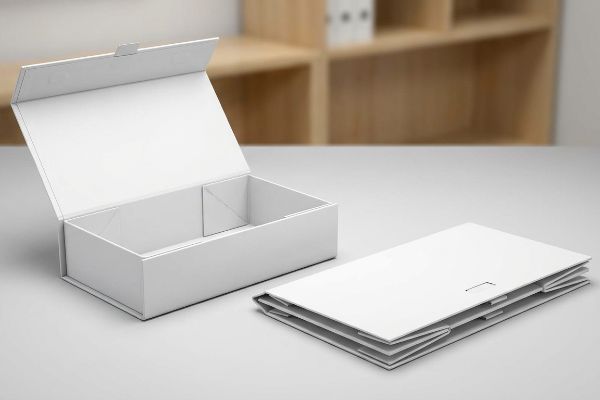 Foldable Gift Box Packaging An open white foldable gift box sits next to a flat-packed, unassembled white collapsible paperboard structure on a light grey surface.