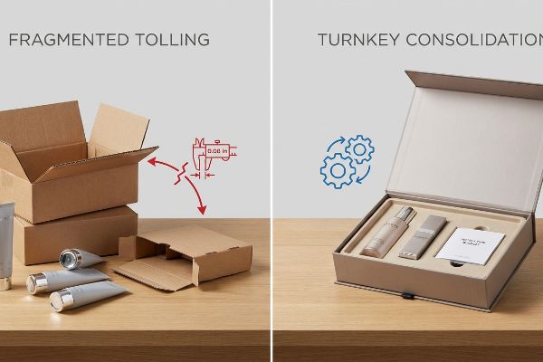 Fragmented Tolling shows corrugated boxes and a 0.08 in caliper mismatch, contrasted by Turnkey Consolidation's elegant rigid gift box and gears.