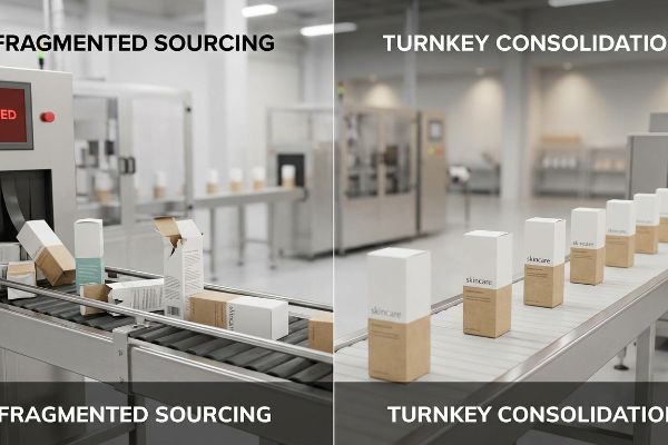 Skincare Packaging Efficiency Fragmented Sourcing's damaged skincare boxes on a conveyor contrast with Turnkey Consolidation's aligned 'Skincare' packaging.