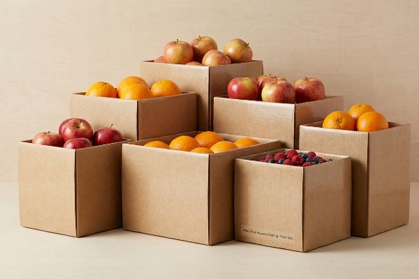 Kraft cardboard boxes filled with fresh apples, oranges, and berries, one labeled PFAS-Free Aqueous Coating - Food Safe.