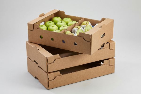 Apples Pears Shipping Box Two stacked corrugated fruit shipping boxes, one filled with fresh green apples and pears, demonstrating durable produce packaging with ventilation holes.