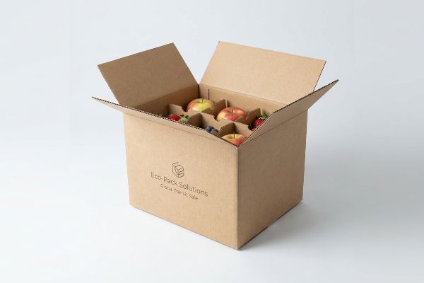 An open corrugated cardboard box with internal dividers protects fresh apples, strawberries, and blueberries, branded "Eco-Pack Solutions".