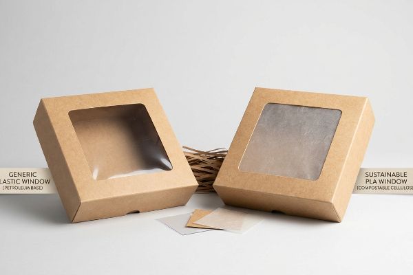 Petroleum Plastic Window Brown kraft paperboard box with a clear Generic Plastic Window (Petroleum Base), highlighting non-sustainable packaging.