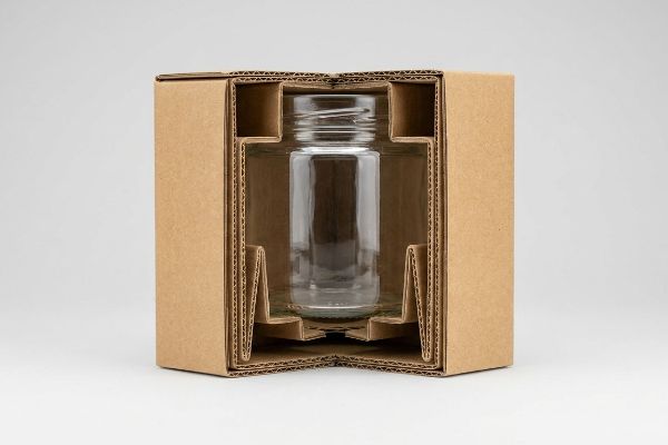 Glass Jar Suspension Packaging Brown corrugated cardboard packaging with E-flute insert suspending a clear glass jar, demonstrating kinetic shock absorption.