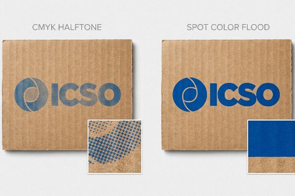 Corrugated cardboard samples display ICSO logo, comparing grainy CMYK Halftone to vibrant Spot Color Flood printing.