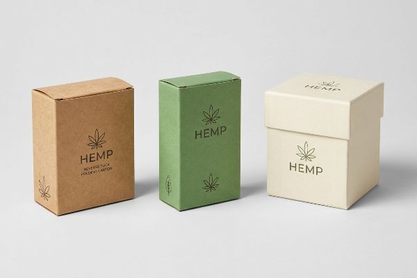Hemp Packaging Three Styles Displaying three distinct hemp packaging boxes: a brown kraft reverse tuck folding carton, a green box, and a cream rigid box, all featuring a "Hemp" logo and cannabis leaf.