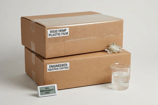 Rigid Hemp Plastic Film and Engineered Aqueous Coating on cardboard boxes, alongside an OCC Repulpability Test display and a beaker of water.
