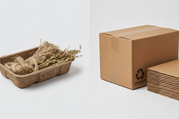 Hemp Tray Corrugated Recycling Corrugated box with recycling symbol and flat sheets contrasts with a Hemp Packaging tray holding natural twine and dried stalks.