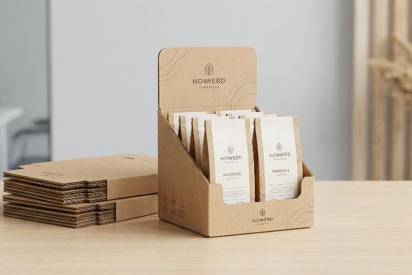 Cardboard Display Flat Pack Units Displaying HowERD Barrage pouches, a brown corrugated cardboard box stands next to flat-packed units.