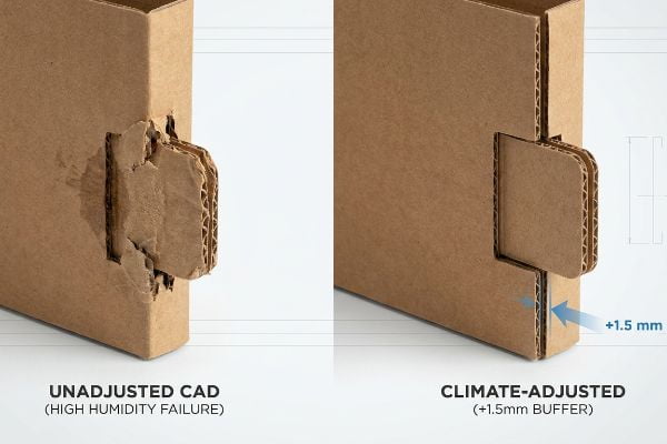 Brown corrugated cardboard shows a failed Unadjusted CAD tab torn by High Humidity Failure next to a Climate-Adjusted tab with a +1.5 mm buffer fitting perfectly.