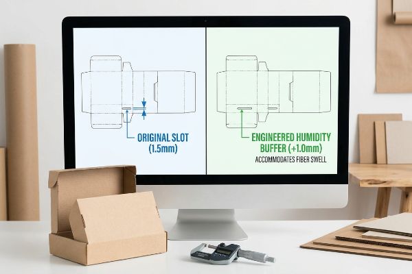 Humidity Buffer Engineering A monitor shows packaging die-lines, highlighting an Original Slot (1.5mm) versus an Engineered Humidity Buffer (+1.0mm) to Accommodate Fiber Swell. A micrometer and open corrugated box are on the desk.