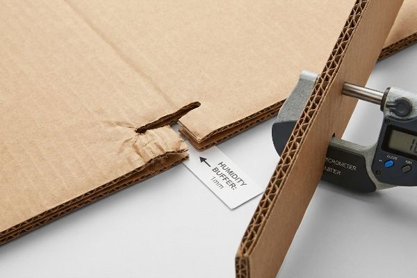 A digital micrometer measures the thickness of corrugated board flutes, with a label indicating a 'Humidity Buffer: 1mm' for dieline slot tolerances.