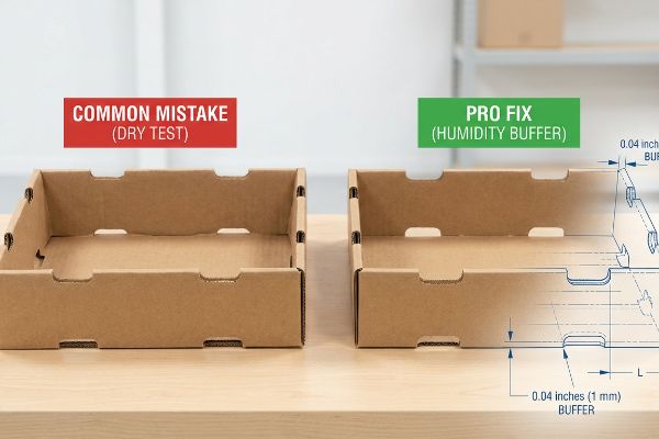 Two corrugated cardboard fruit trays, one labeled "Common Mistake (Dry Test)" and the other "Pro Fix (Humidity Buffer)" with a 0.04 inches (1 mm) buffer CAD dieline.