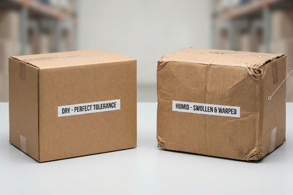 Two brown cardboard boxes: one pristine labeled 'Dry - Perfect Tolerance', the other warped labeled 'Humid - Swollen & Warped', demonstrating humidity damage.