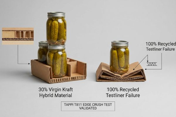Tappi T811 Edge Crush Test shows 30% Virgin Kraft Hybrid Material supporting pickle jars versus 100% Recycled Testliner failure.