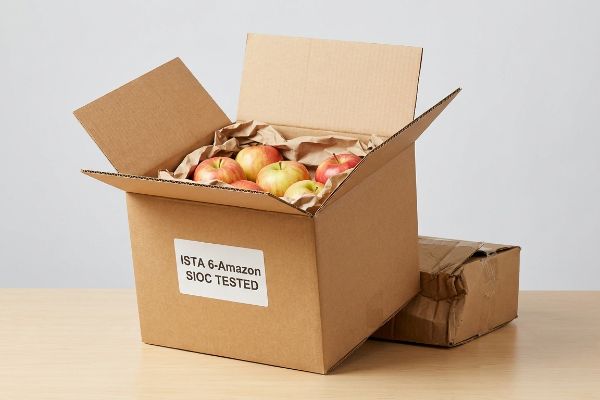 Ista 6 Amazon Sioc Tested Apples An open Ista 6-Amazon Sioc Tested corrugated box protects fresh apples with brown paper cushioning, beside a damaged shipping box.