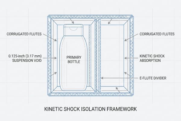 Kinetic Shock Suspension Void Blueprint of a Kinetic Shock Isolation Framework, detailing a Primary Bottle, Corrugated Flutes, 0.125-inch Suspension Void, and E-Flute Divider for Kinetic Shock Absorption.