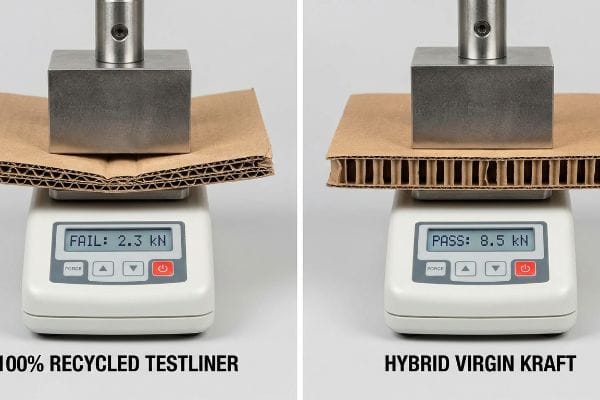 Recycled Kraft Compression Results Webp Crushed 100% Recycled Testliner failing at 2.3 kN versus intact Hybrid Virgin Kraft passing at 8.5 kN compression test.