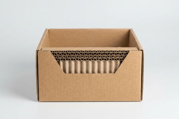 An empty Kraft corrugated bins box stands on a white background, revealing its internal fluted arches and paperboard layers.
