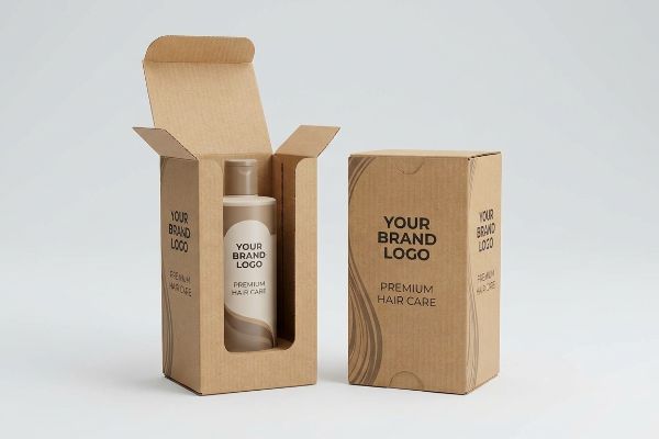 Open Kraft Hair Care Box Two kraft cardboard boxes for premium hair care products, one open revealing a bottle, both featuring 'Premium Hair Care' text.