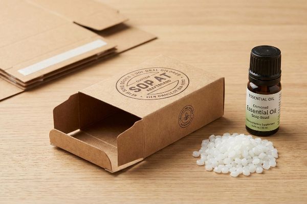 Brown Kraft paperboard Sop At Kraftboard soap box, essential oil bottle, and white soap beads.