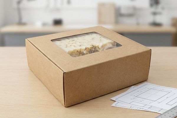 Artisanal Soap Die Cut Window Brown kraft paperboard box with a die-cut cellulose window, revealing artisanal soap infused with dried herbs, on a light wooden desk.