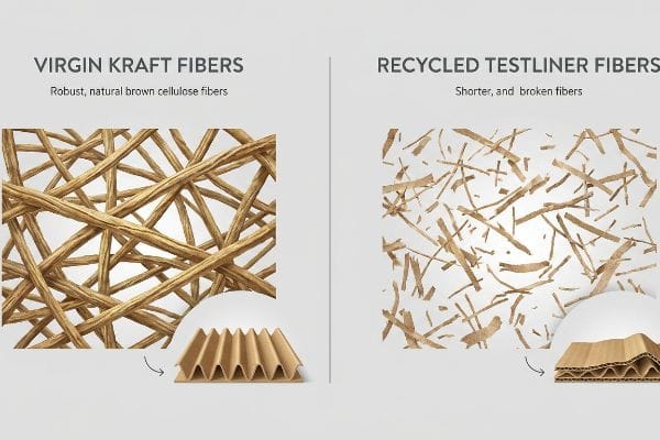 Kraft Testliner Fiber Length Virgin Kraft Fibers, robust natural brown cellulose, contrasted with shorter, broken Recycled Testliner Fibers, showing different corrugated structures.