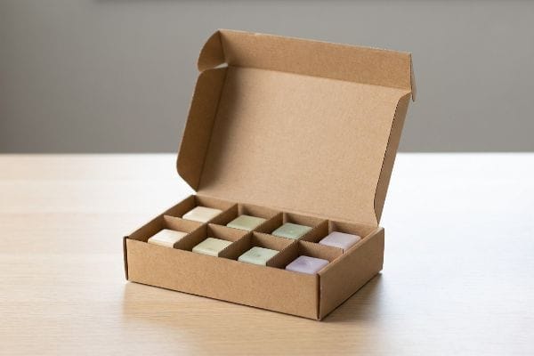 Modular Wax Melt Packaging An open kraft paper box with modular dividers holds eight pastel-colored wax melts, showcasing eco-friendly packaging.